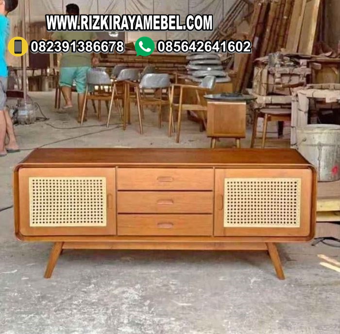 Bufet Retro Minimalis Kayu Jati Rotan