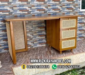 Meja Kerja Minimalis Kayu Jati Rotan