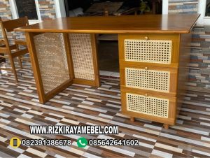 Meja Kerja Minimalis Kayu Jati Rotan
